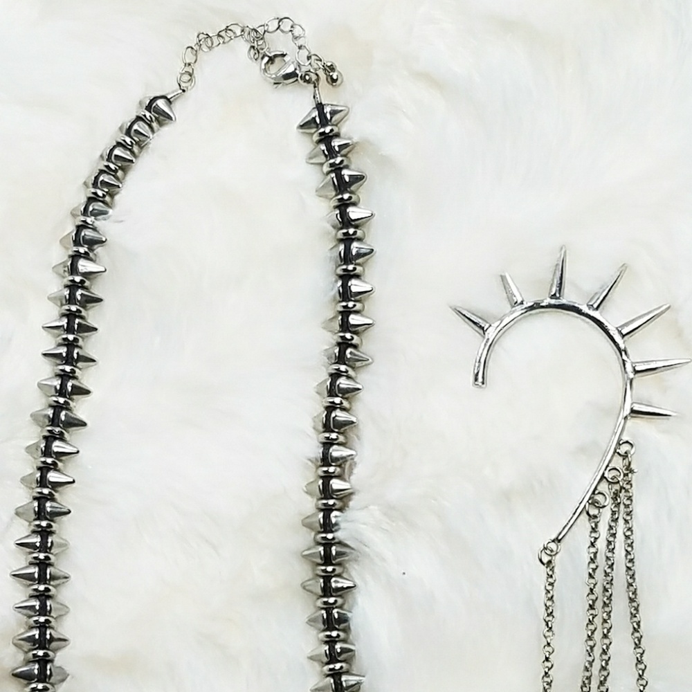 Spiked Silver Tone Necklace and Ear Cuff Set